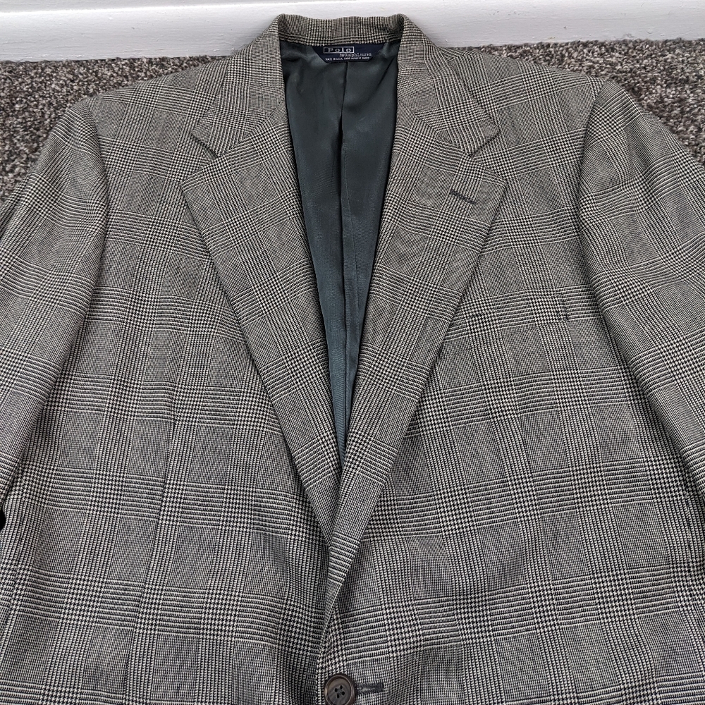 Vintage Polo Ralph Lauren Sport Coat Flannel Wool Glen Plaid Gray 42L